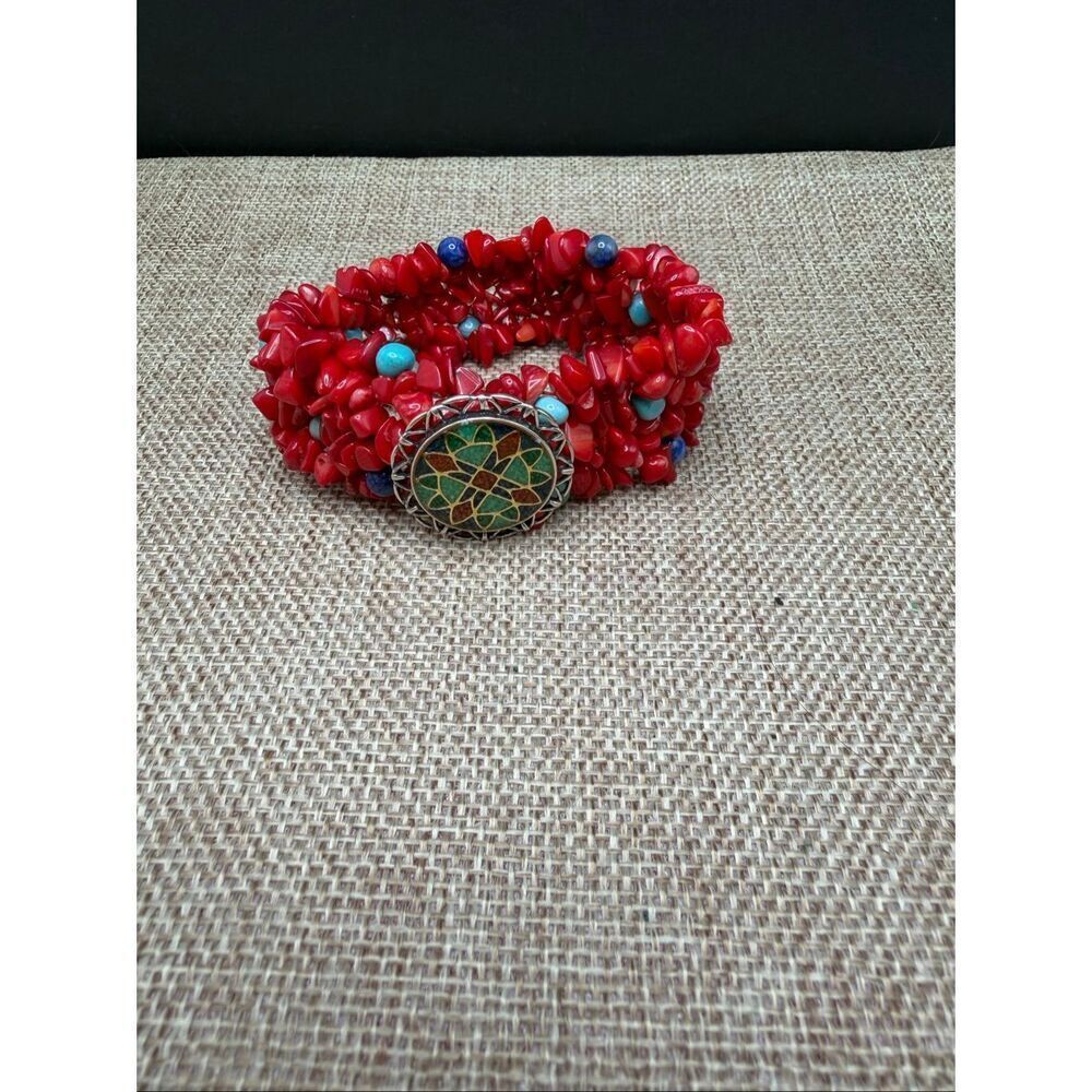 Carolyn Pollack Sterling Silver .925 Red Coral & Turquoise Mosaic Statement Brac - Picture 3 of 8